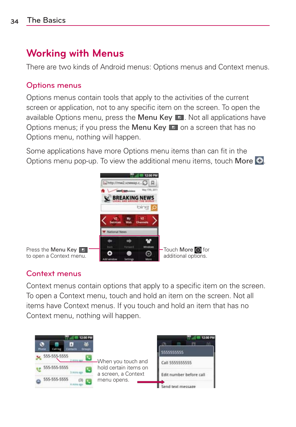 Working with menus, The basics, Options menus | Context menus | LG VS700 User Manual | Page 36 / 448