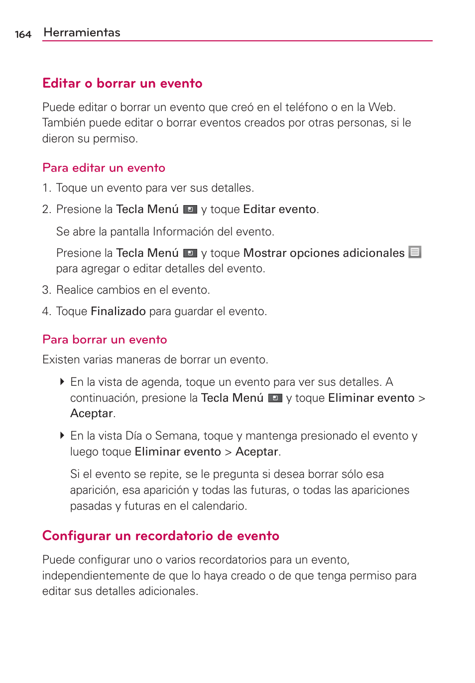 Editar o borrar un evento, Configurar un recordatorio de evento | LG VS700 User Manual | Page 381 / 448