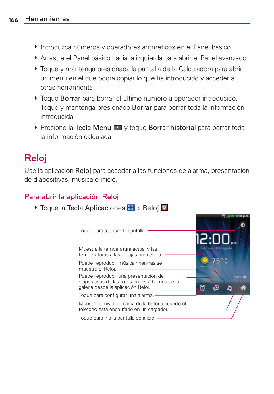 Reloj, Herramientas, Para abrir la aplicación reloj | LG VS700 User Manual | Page 383 / 448