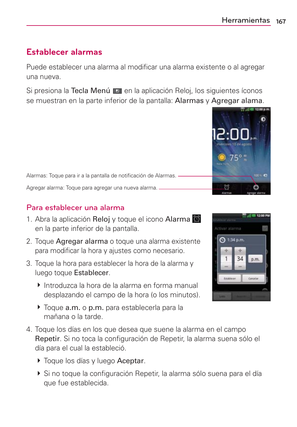 Establecer alarmas | LG VS700 User Manual | Page 384 / 448