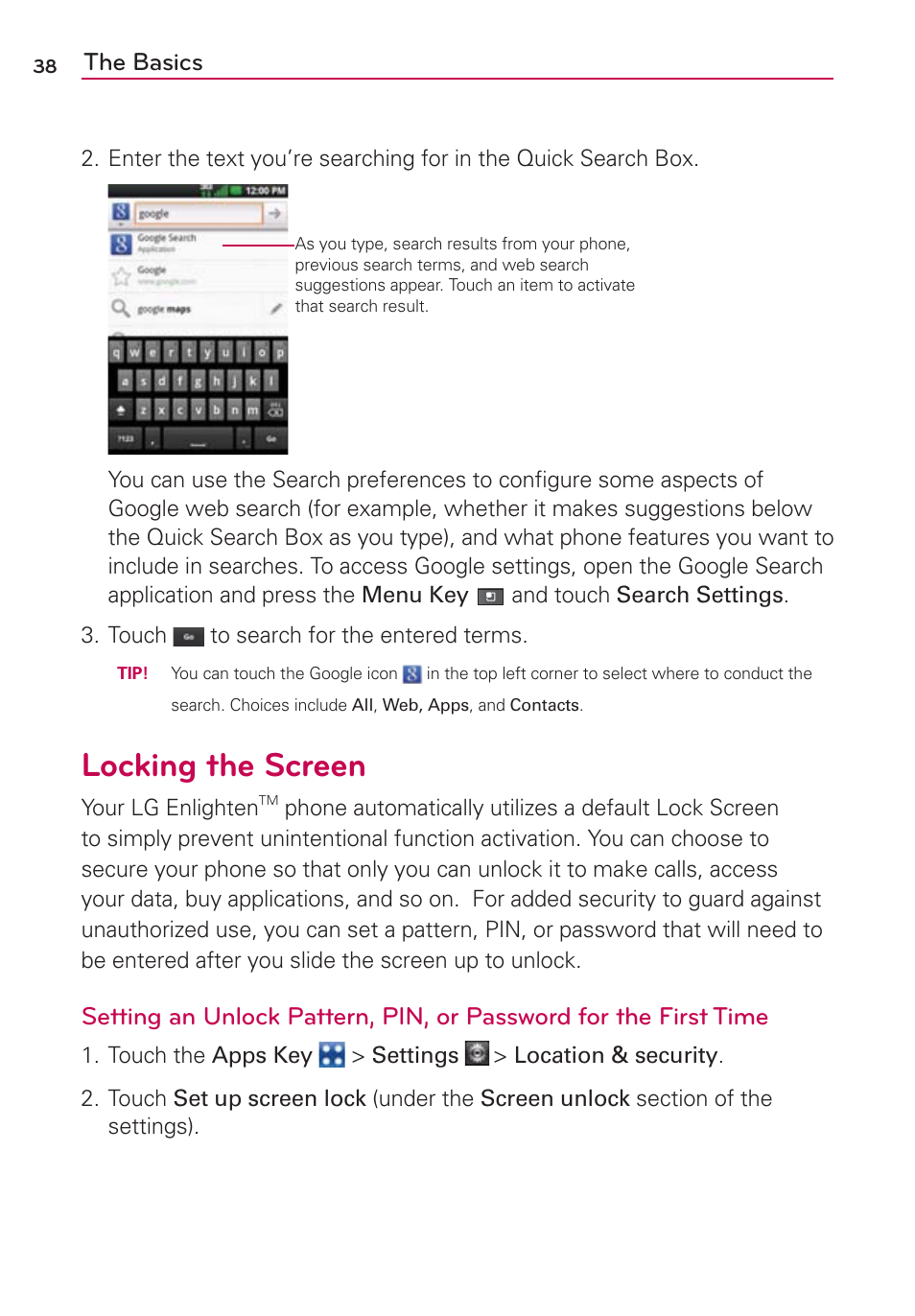 Locking the screen, The basics | LG VS700 User Manual | Page 40 / 448