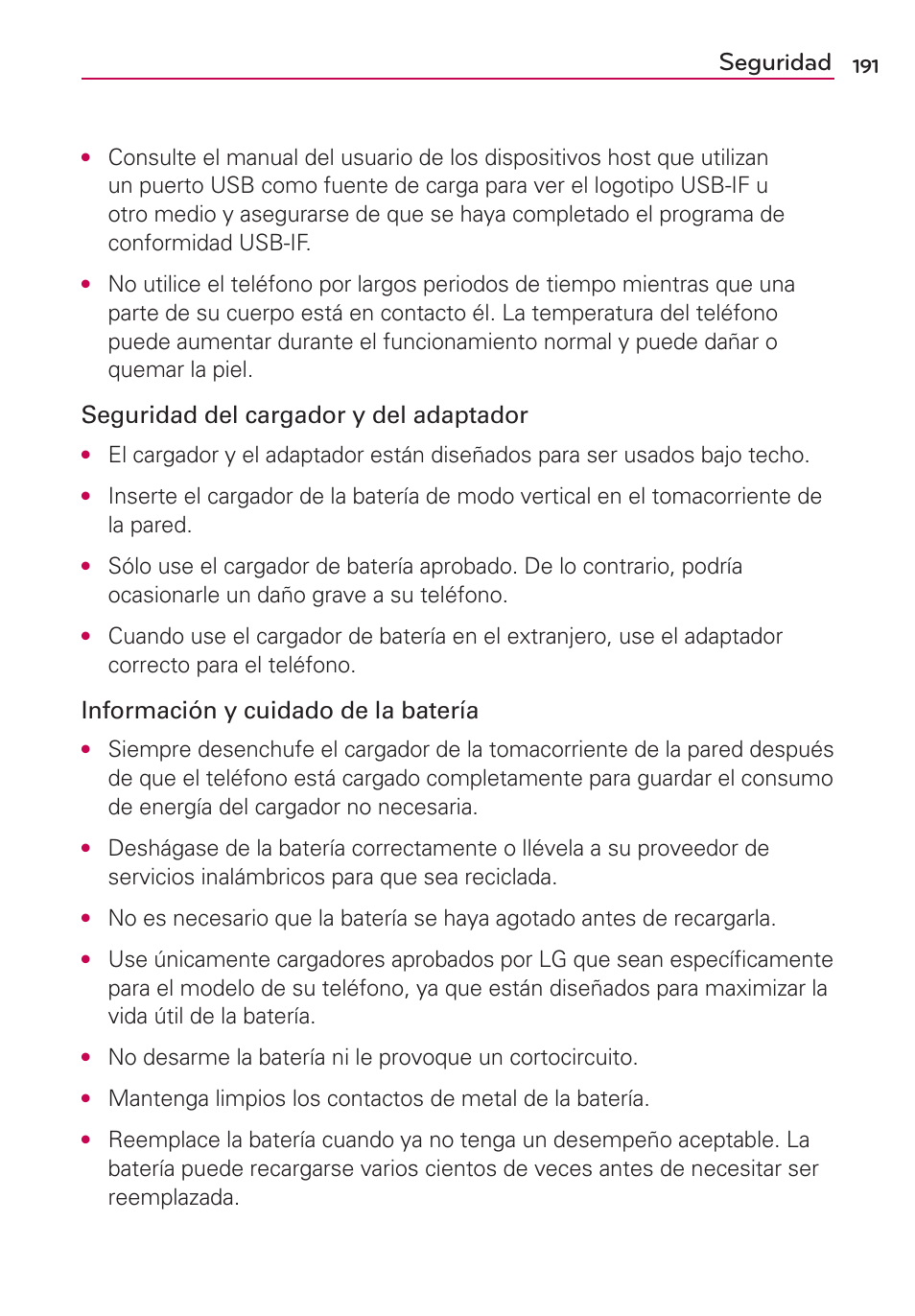 Seguridad, Seguridad del cargador y del adaptador, Información y cuidado de la batería | LG VS700 User Manual | Page 408 / 448