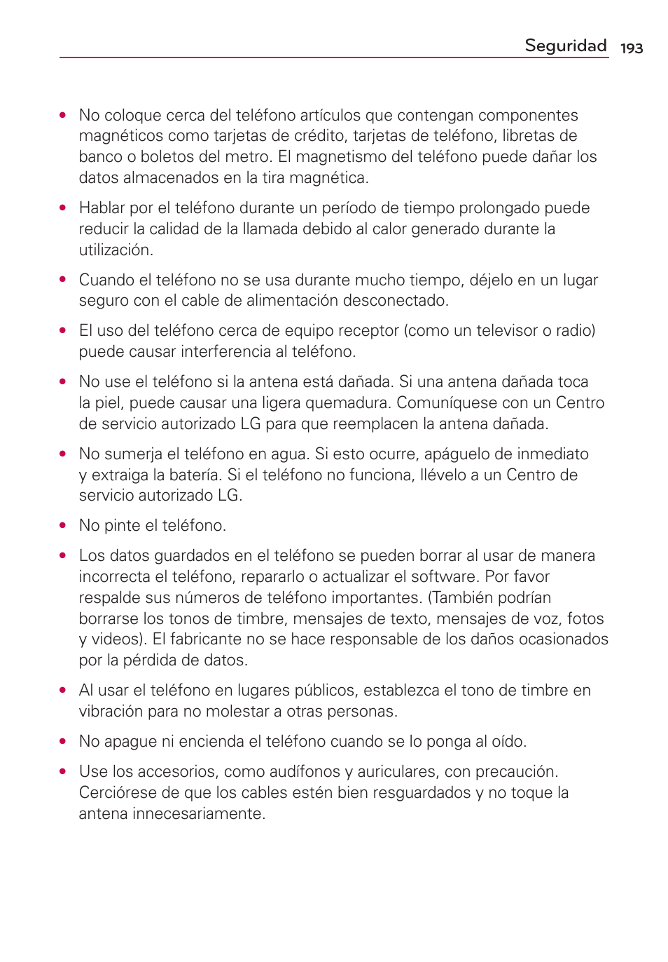 Seguridad, No pinte el teléfono | LG VS700 User Manual | Page 410 / 448