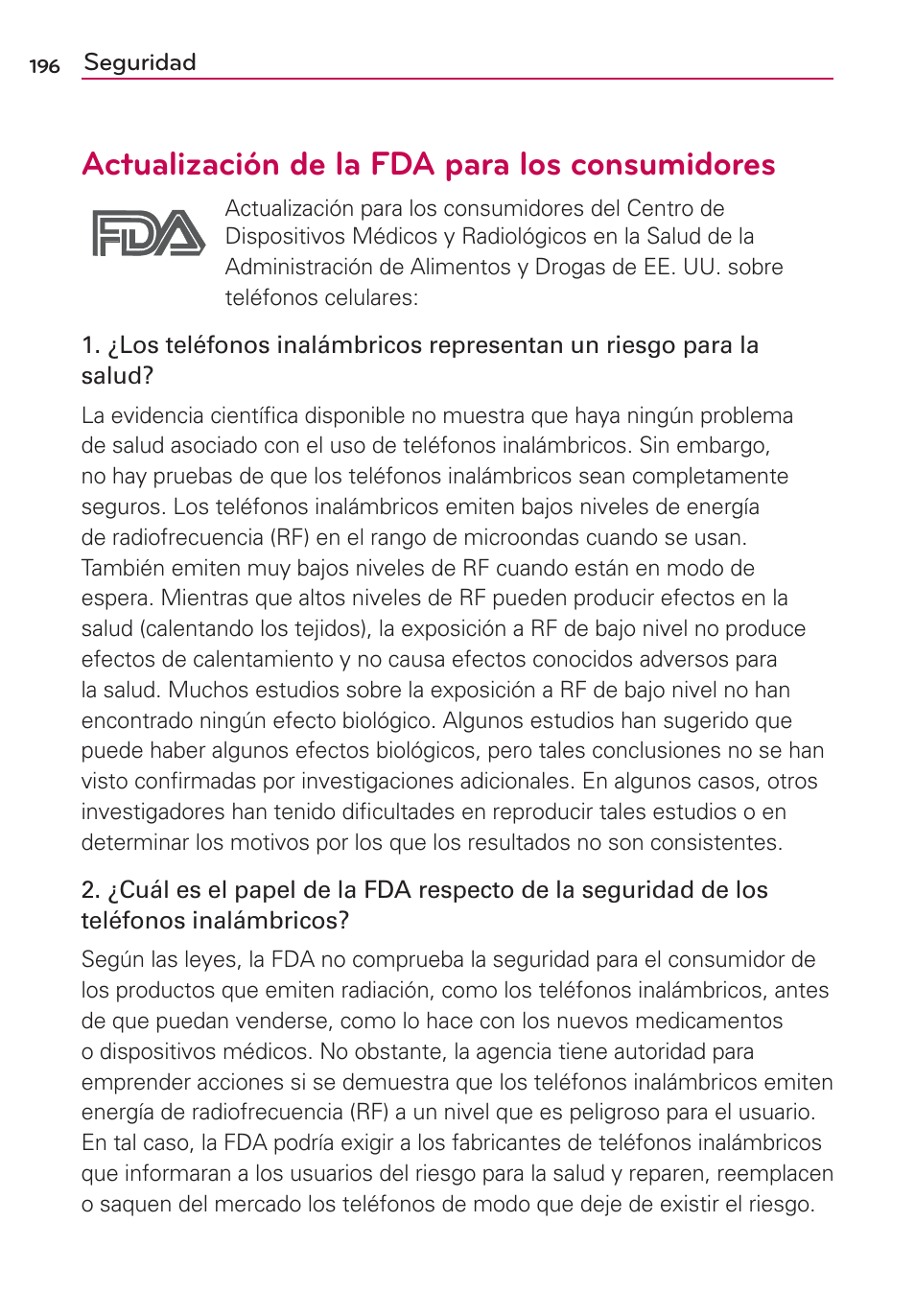 Actualización de la fda para los consumidores | LG VS700 User Manual | Page 413 / 448