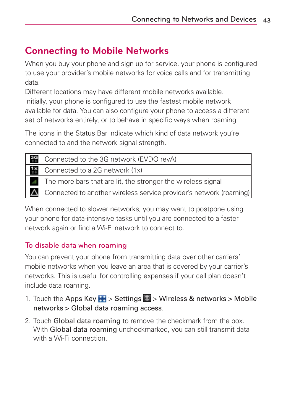 Connecting to networks and devices, Connecting to mobile networks | LG VS700 User Manual | Page 45 / 448