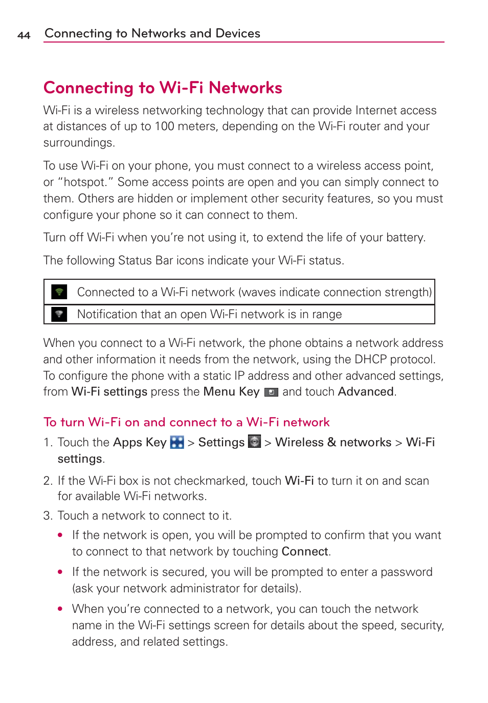 Connecting to wi-fi networks, Connecting to networks and devices | LG VS700 User Manual | Page 46 / 448