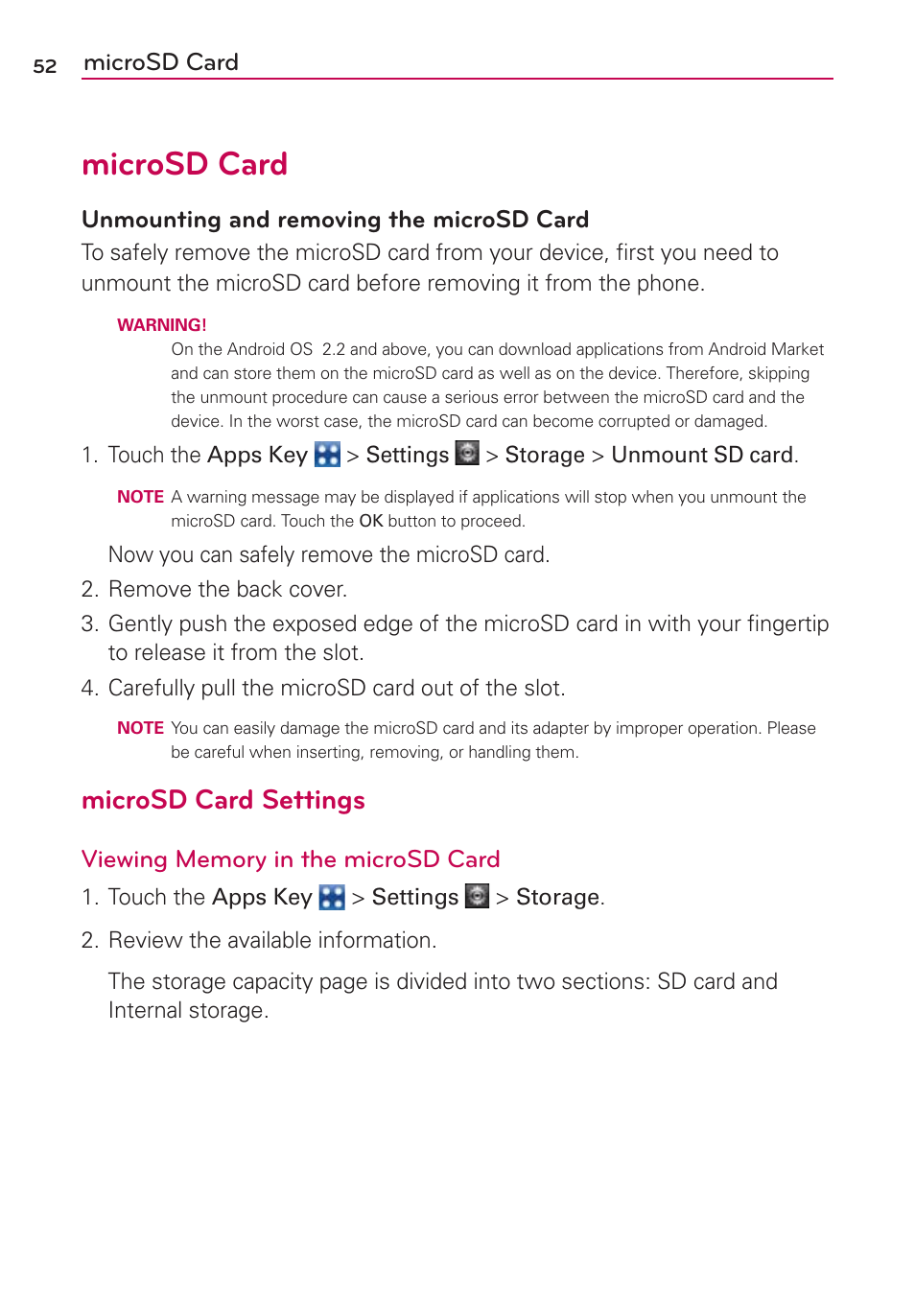 Microsd card, Microsd card settings, Unmounting and removing the microsd card | LG VS700 User Manual | Page 54 / 448