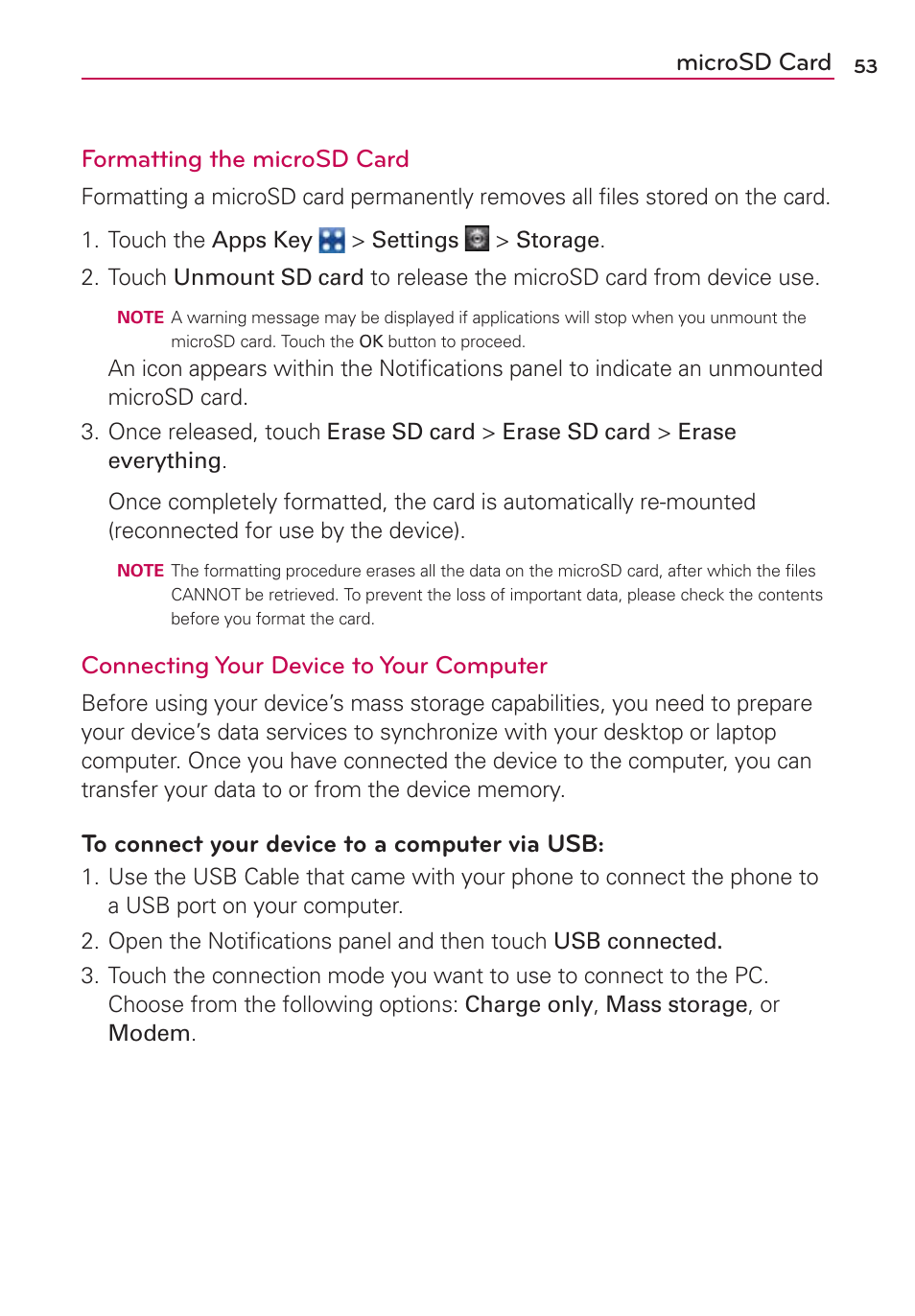 Microsd card formatting the microsd card, Connecting your device to your computer | LG VS700 User Manual | Page 55 / 448