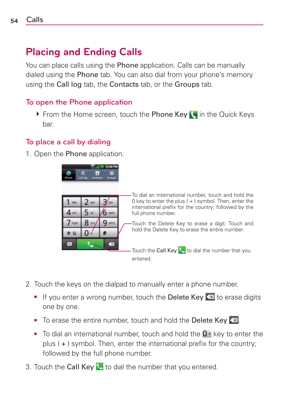 Calls, Placing and ending calls | LG VS700 User Manual | Page 56 / 448