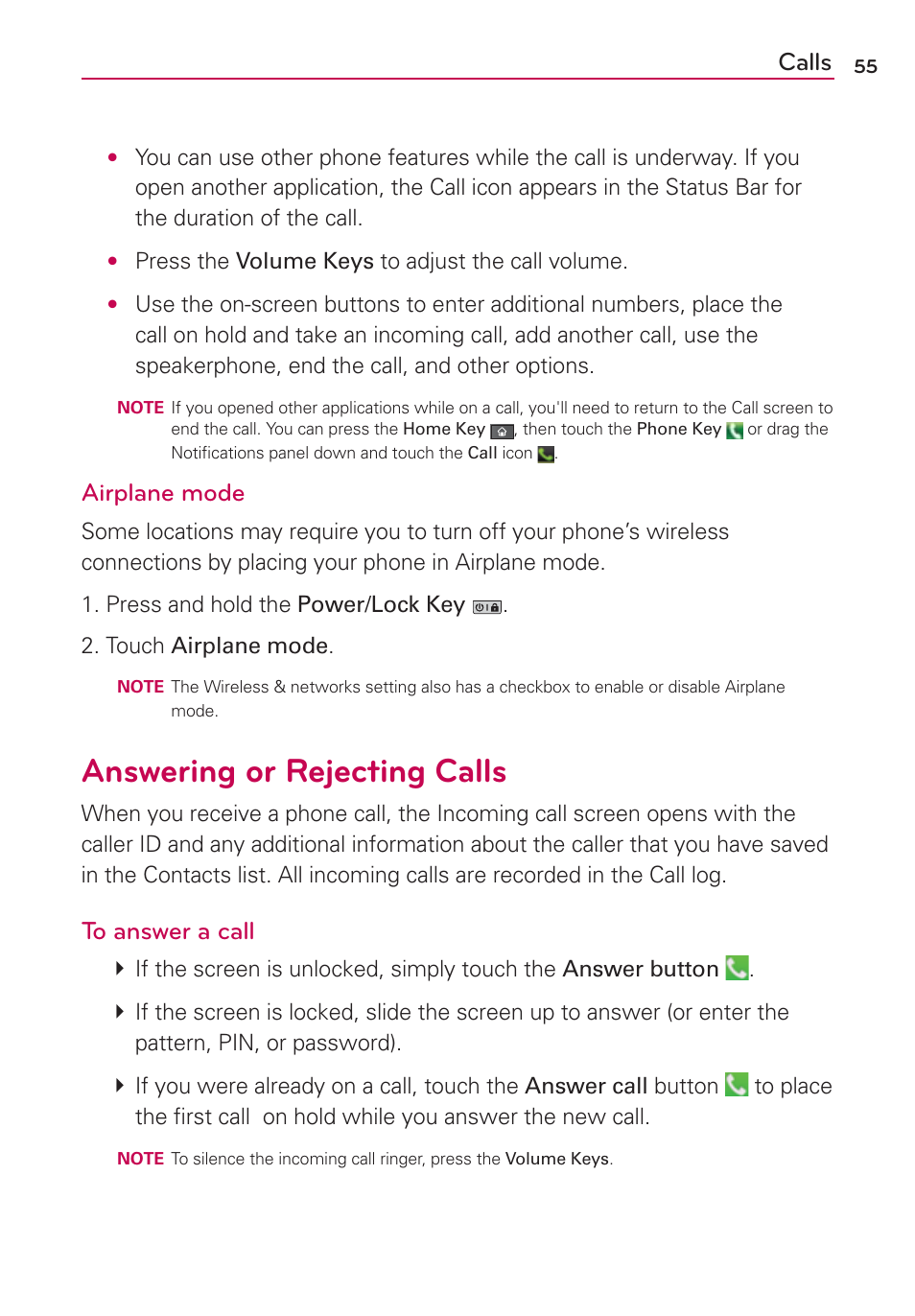 Answering or rejecting calls, Calls, Airplane mode | LG VS700 User Manual | Page 57 / 448