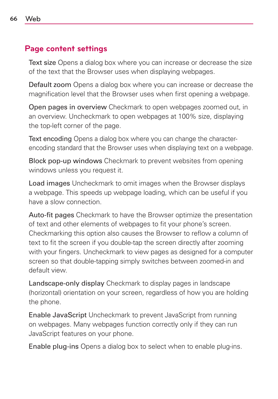 Page content settings | LG VS700 User Manual | Page 68 / 448