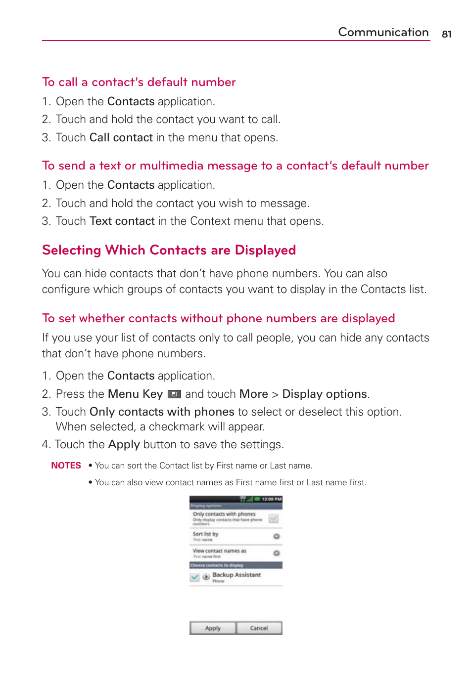 Selecting which contacts are displayed, Communication to call a contact’s default number | LG VS700 User Manual | Page 83 / 448