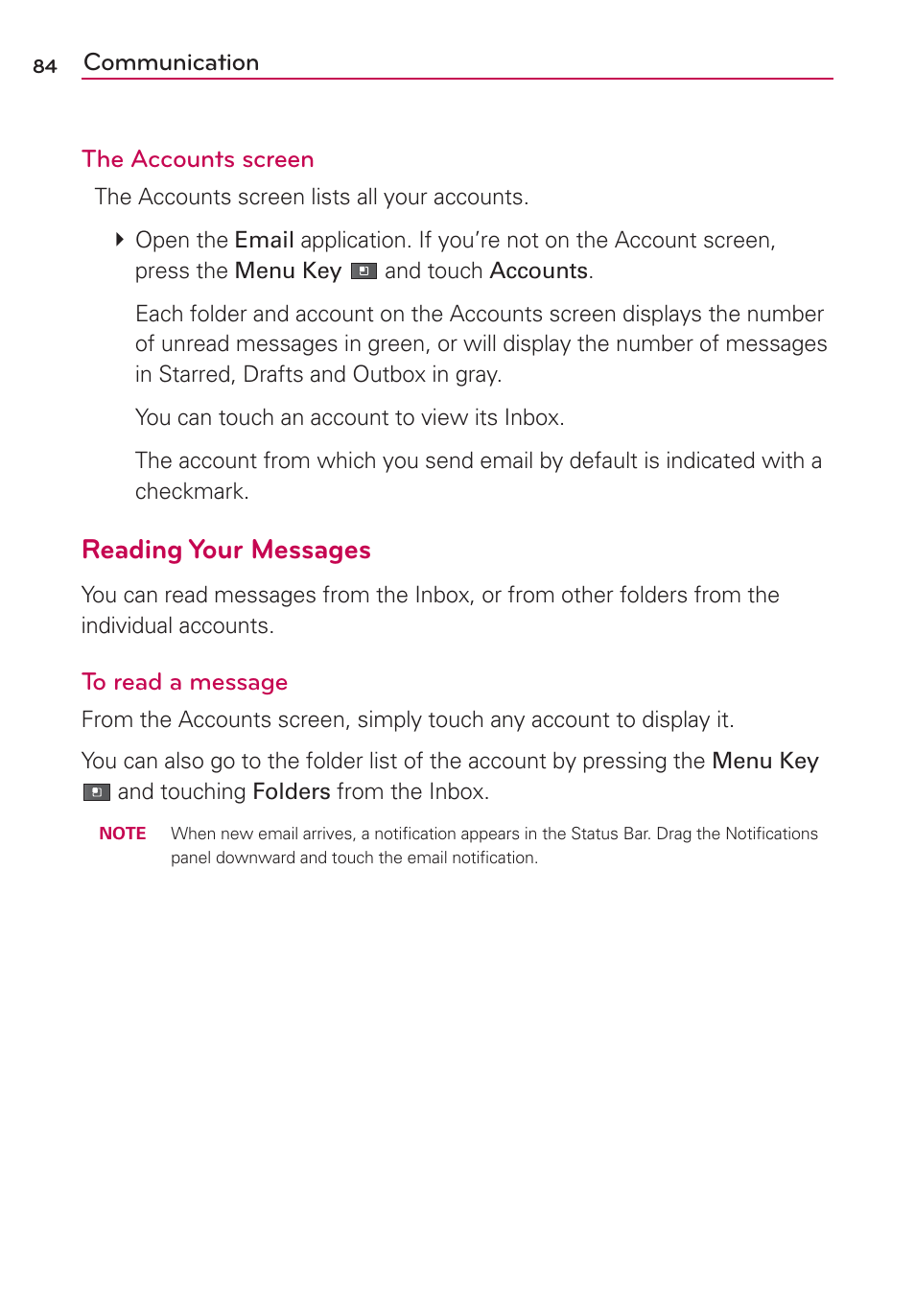 Reading your messages, Communication the accounts screen | LG VS700 User Manual | Page 86 / 448