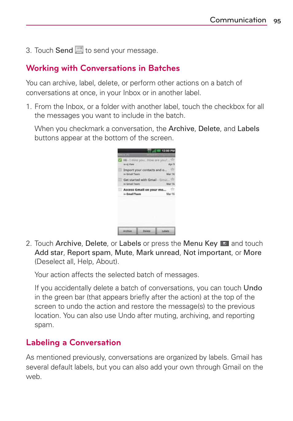 Working with conversations in batches, Labeling a conversation | LG VS700 User Manual | Page 97 / 448