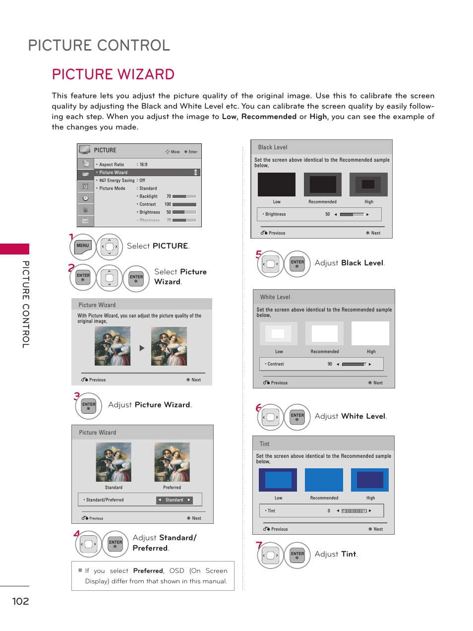 Picture control, Picture wizard | LG 37LD450 User Manual | Page 102 / 172