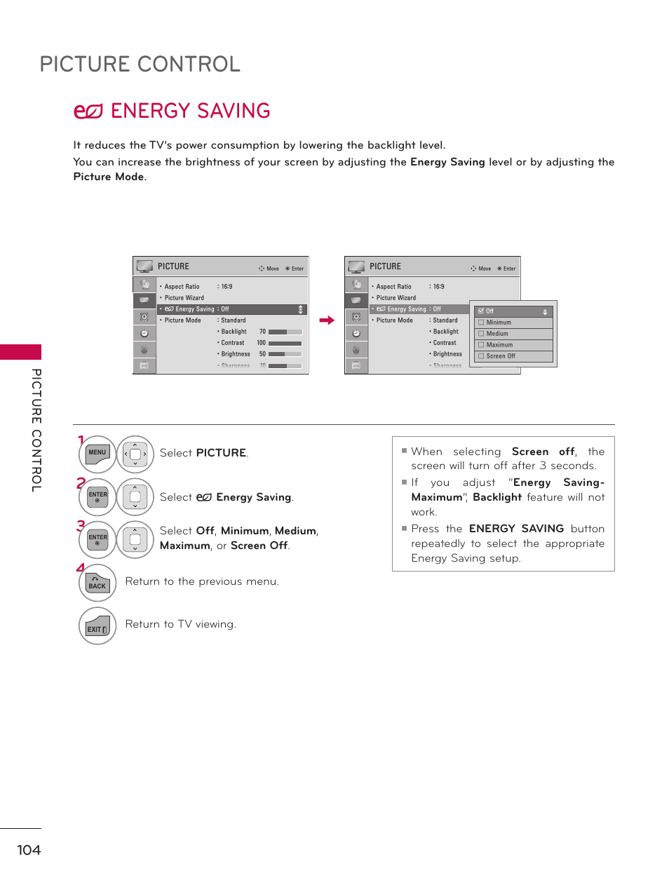 Picture control, ꕊ energy saving | LG 37LD450 User Manual | Page 104 / 172