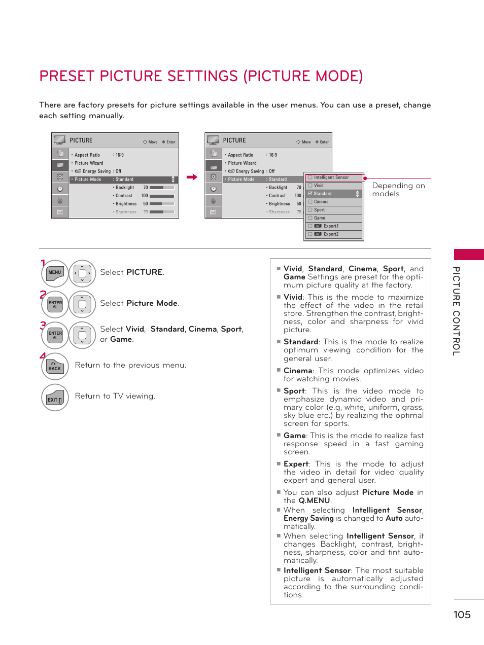 Preset picture settings (picture mode) | LG 37LD450 User Manual | Page 105 / 172