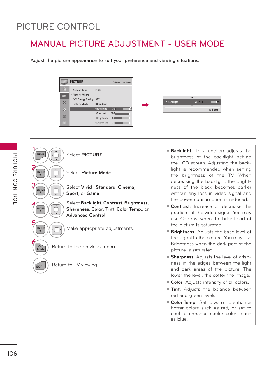 Picture control, Manual picture adjustment - user mode | LG 37LD450 User Manual | Page 106 / 172