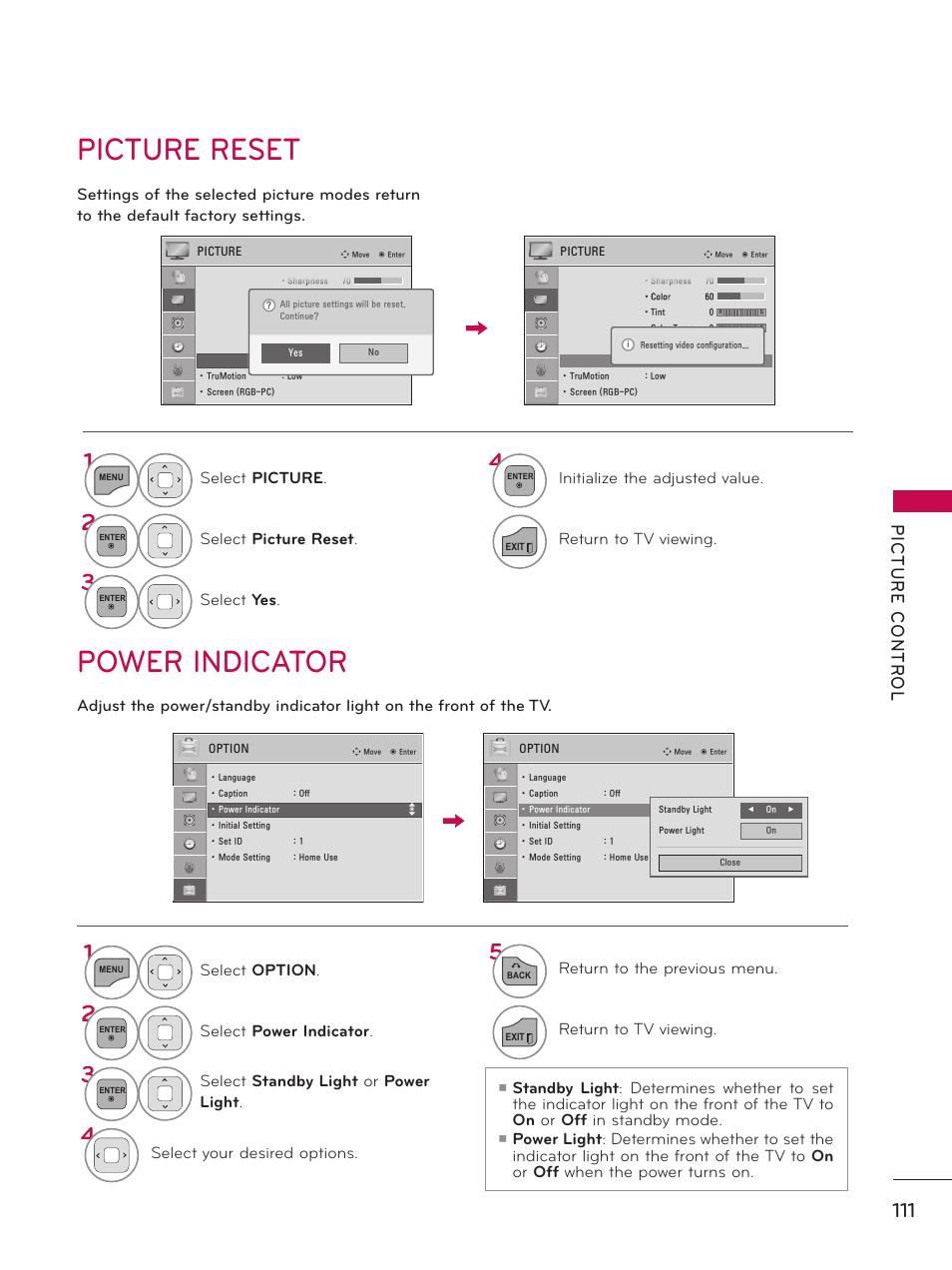 Picture reset, Power indicator | LG 37LD450 User Manual | Page 111 / 172