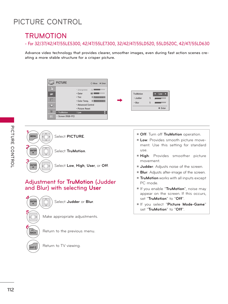 Picture control, Trumotion | LG 37LD450 User Manual | Page 112 / 172