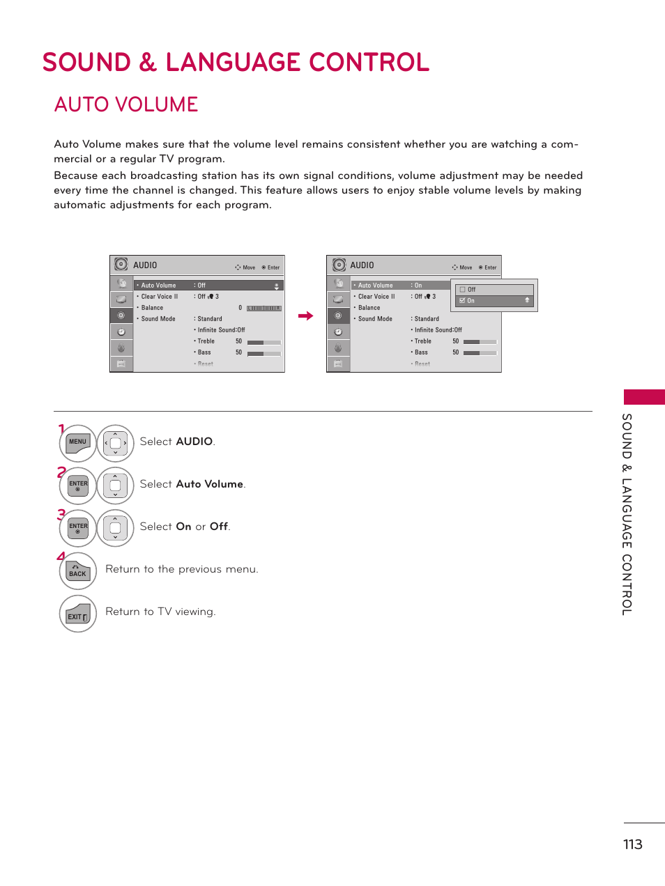 Sound & language control, Auto volume | LG 37LD450 User Manual | Page 113 / 172