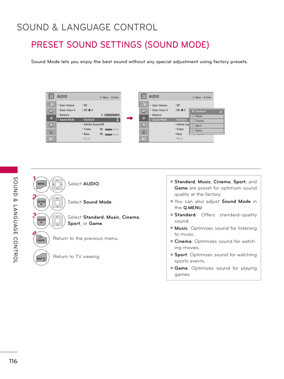 Sound & language control, Preset sound settings (sound mode) | LG 37LD450 User Manual | Page 116 / 172