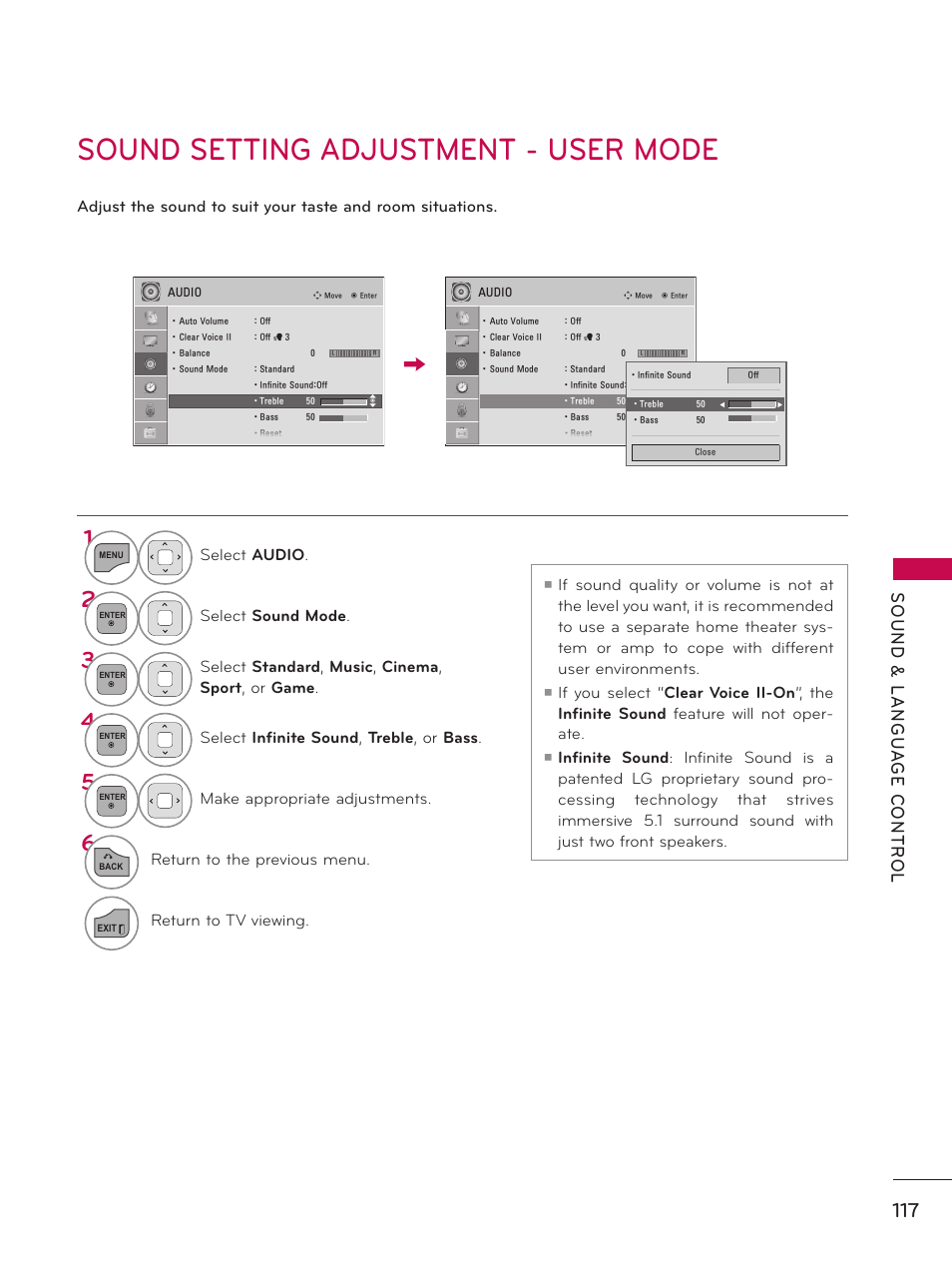 Sound setting adjustment - user mode | LG 37LD450 User Manual | Page 117 / 172