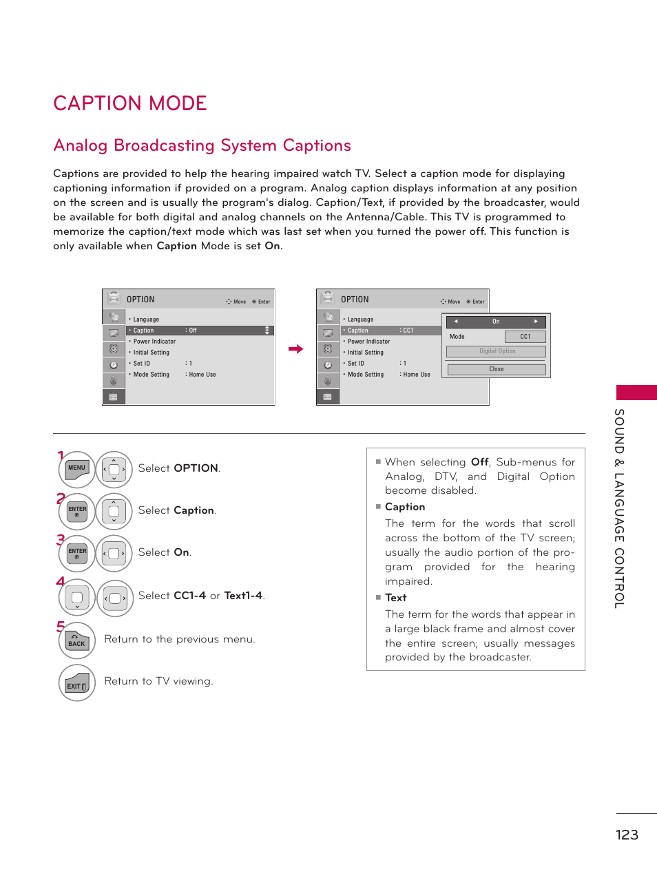 Caption mode, Analog broadcasting system captions | LG 37LD450 User Manual | Page 123 / 172