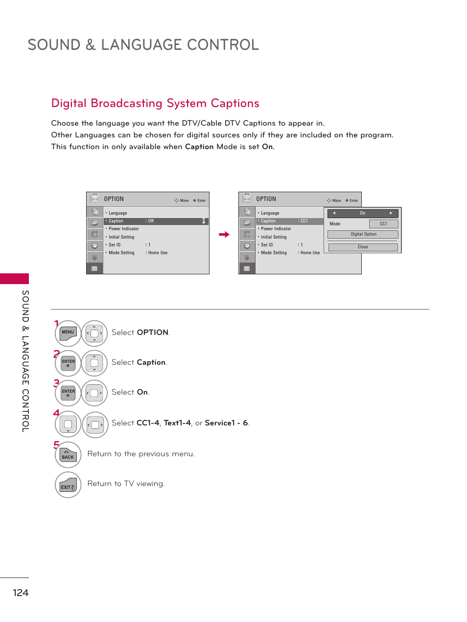 Sound & language control, Digital broadcasting system captions | LG 37LD450 User Manual | Page 124 / 172