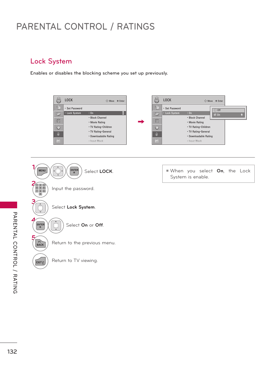 Parental control / ratings, Lock system, When you select | The lock system is enable | LG 37LD450 User Manual | Page 132 / 172