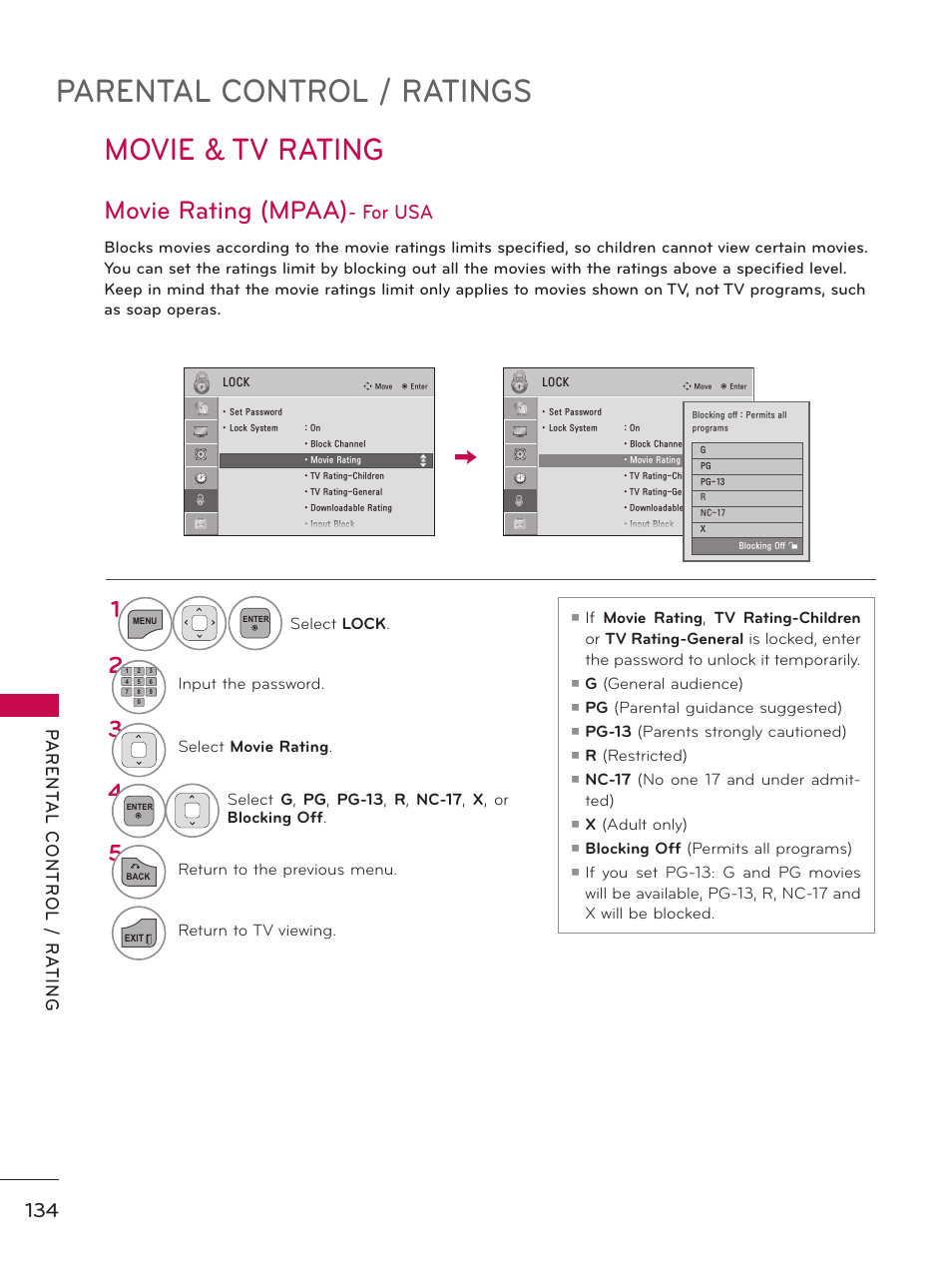 Parental control / ratings, Movie & tv rating, Movie rating (mpaa) | For usa | LG 37LD450 User Manual | Page 134 / 172