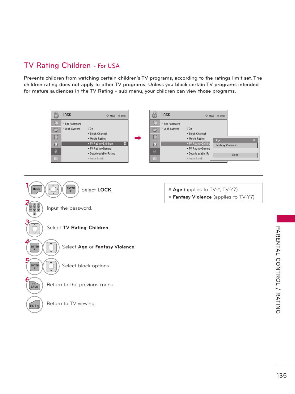 Tv rating children, For usa | LG 37LD450 User Manual | Page 135 / 172