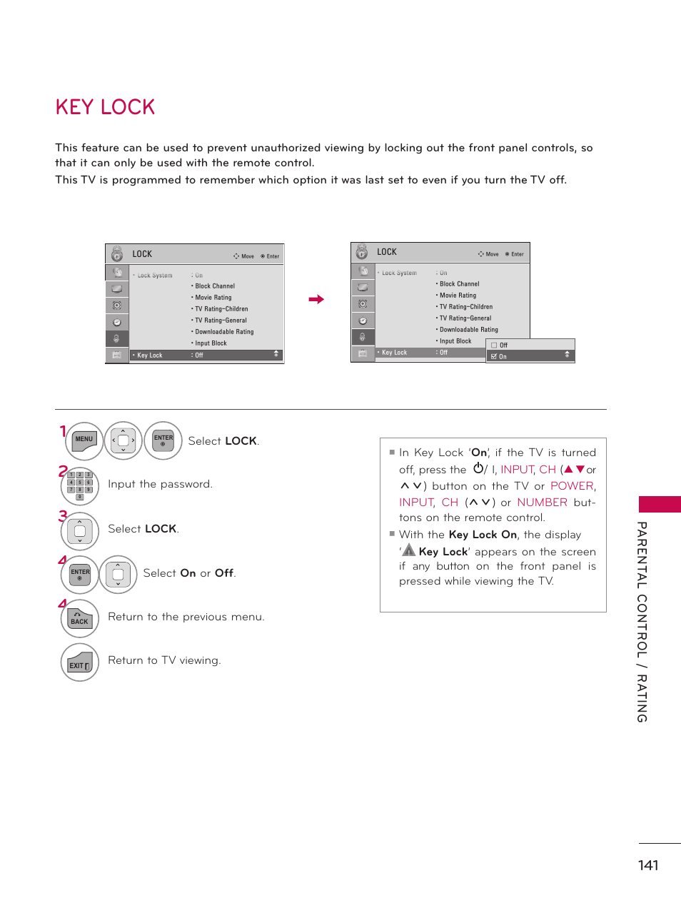 Key lock | LG 37LD450 User Manual | Page 141 / 172