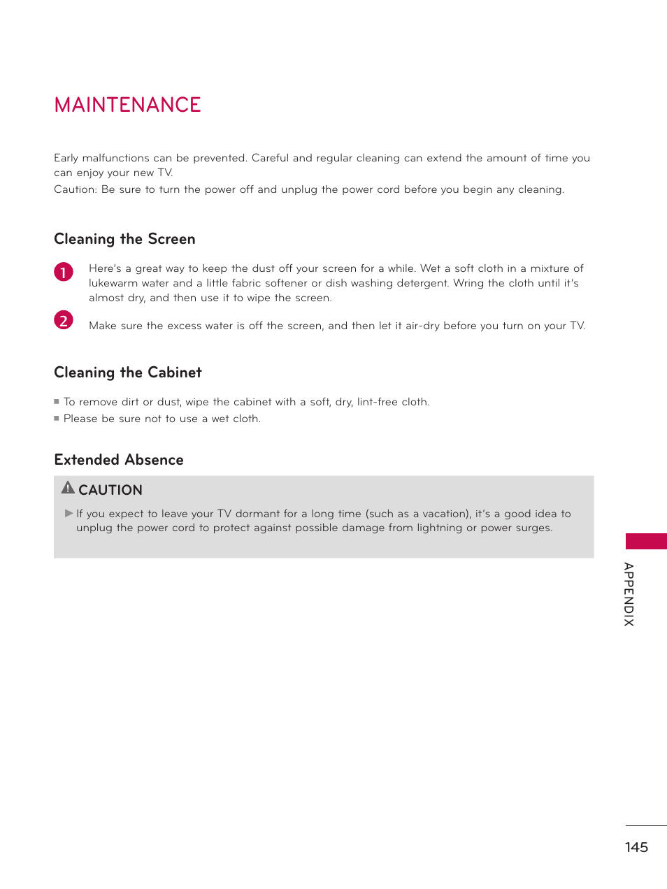 Maintenance, Cleaning the screen, Cleaning the cabinet | Extended absence | LG 37LD450 User Manual | Page 145 / 172