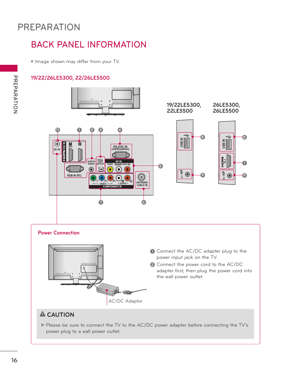 Preparation, Back panel information, Caution | Pr ep a r at io n, Power connection, Image shown may differ from your tv, Ac/dc adaptor, Dc in | LG 37LD450 User Manual | Page 16 / 172