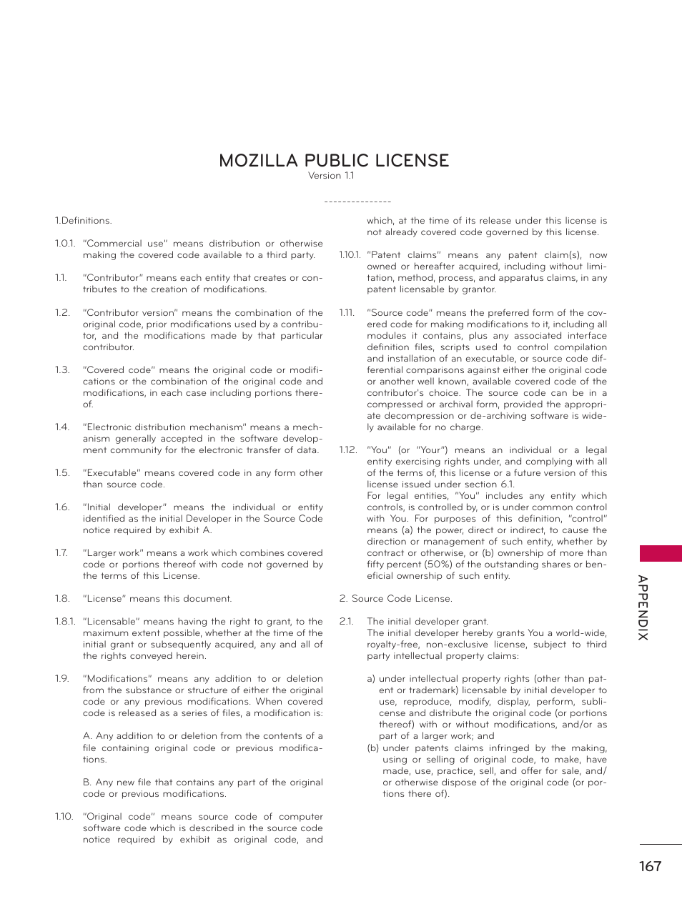 Mozilla public license, Ap p en d ix | LG 37LD450 User Manual | Page 167 / 172