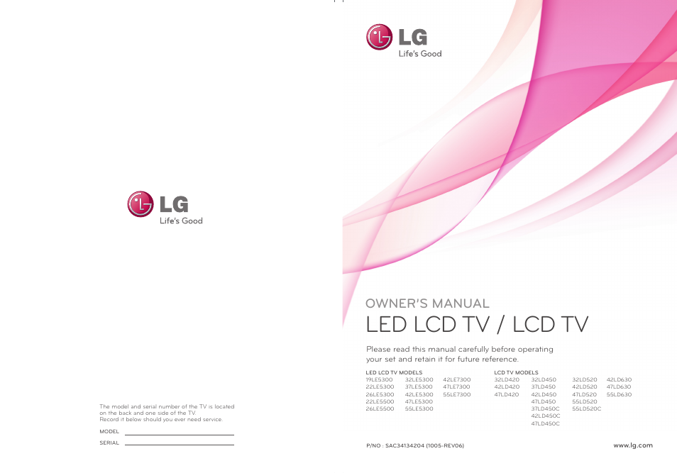 Led lcd tv / lcd tv, Owner’s manual | LG 37LD450 User Manual | Page 172 / 172