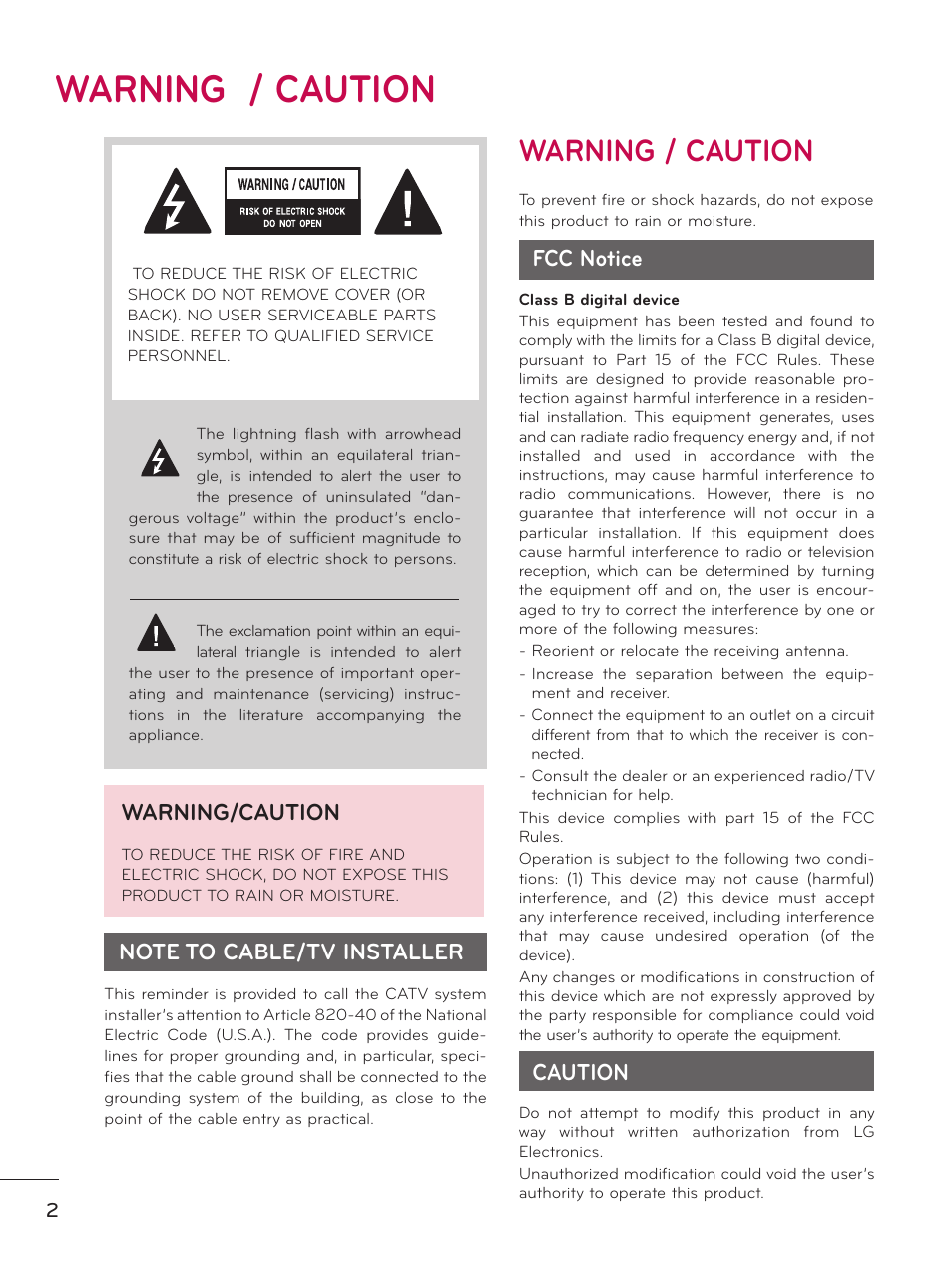 Warning / caution, Warning/caution, Fcc notice | Caution | LG 37LD450 User Manual | Page 2 / 172