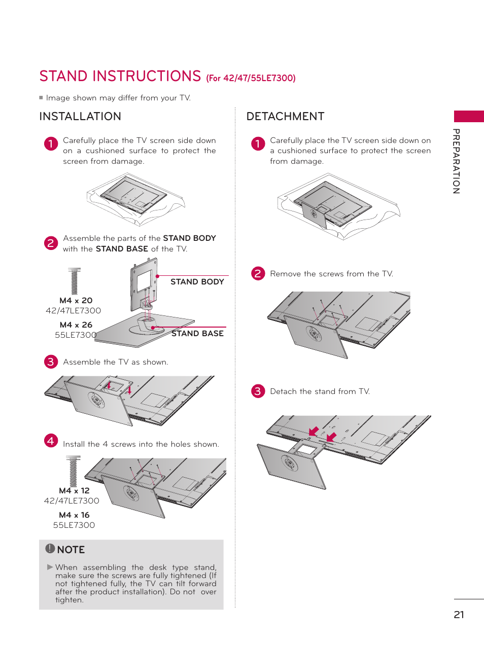 Stand instructions, Installation detachment | LG 37LD450 User Manual | Page 21 / 172