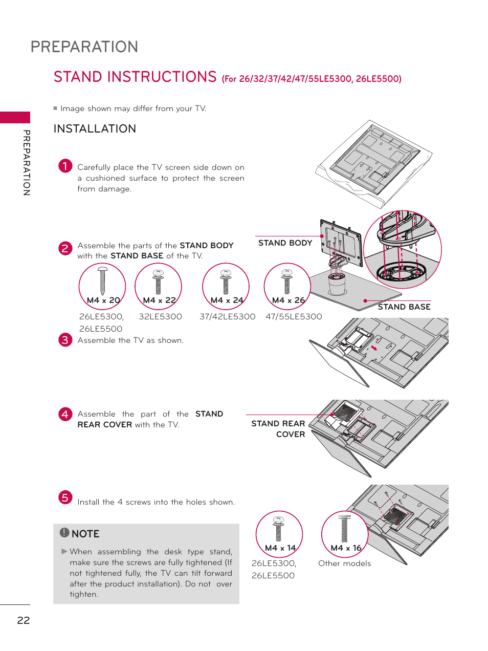 Preparation, Stand instructions, Installation | LG 37LD450 User Manual | Page 22 / 172