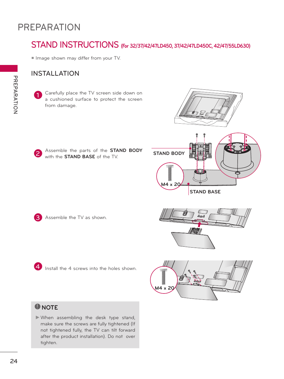 Preparation, Stand instructions, Installation | LG 37LD450 User Manual | Page 24 / 172