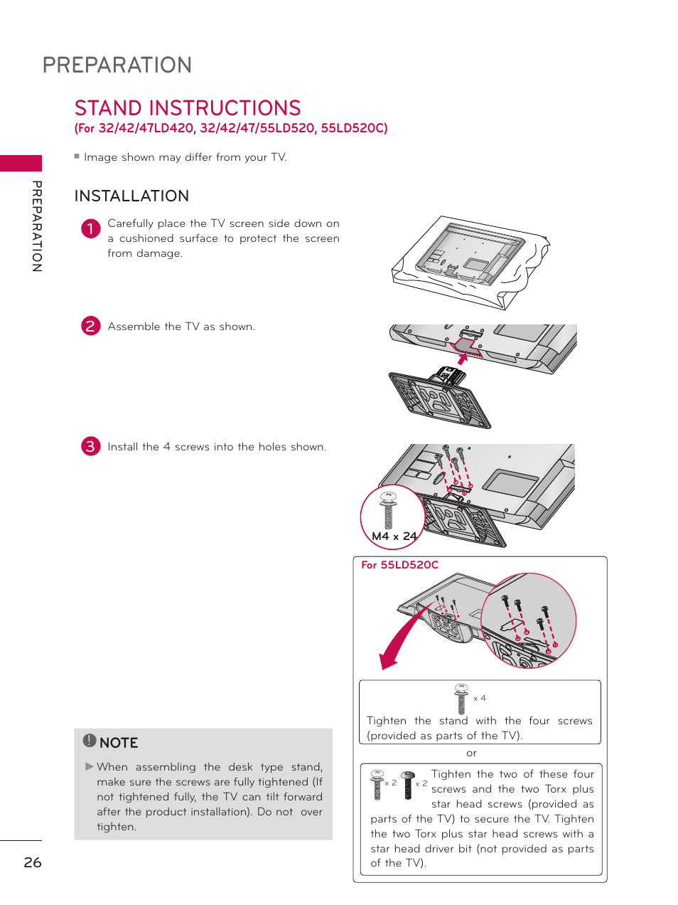 Preparation, Stand instructions, Installation | LG 37LD450 User Manual | Page 26 / 172