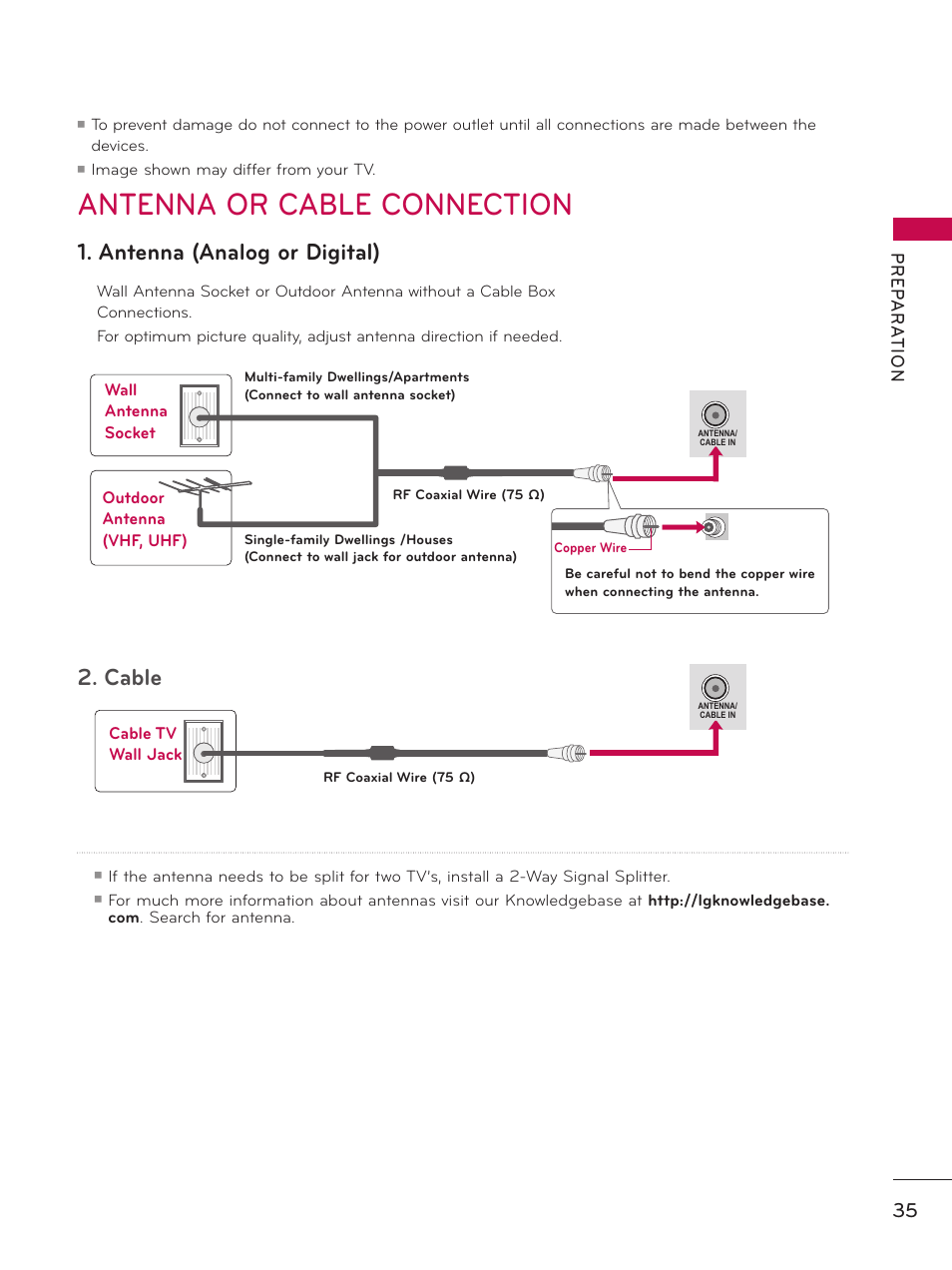 Antenna or cable connection, Antenna (analog or digital), Cable | Pr ep a r at io n, Image shown may differ from your tv | LG 37LD450 User Manual | Page 35 / 172