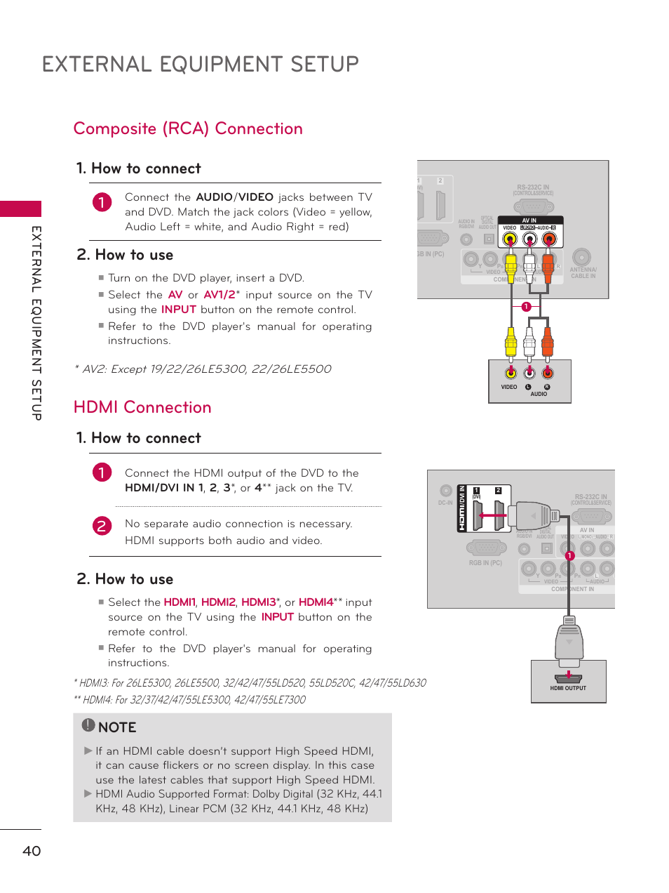 External equipment setup, Composite (rca) connection, Hdmi connection | How to connect, How to use, Turn on the dvd player, insert a dvd | LG 37LD450 User Manual | Page 40 / 172