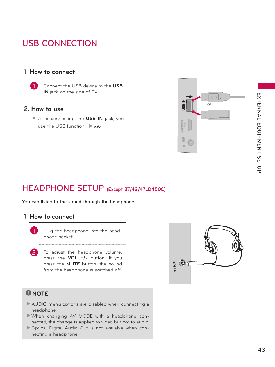 Usb connection, Headphone setup, How to connect | How to use | LG 37LD450 User Manual | Page 43 / 172
