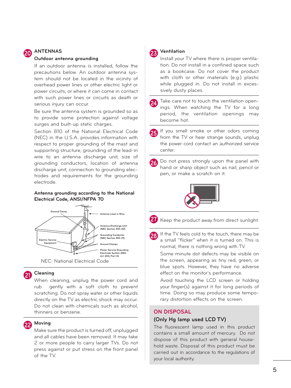 On disposal (only hg lamp used lcd tv) | LG 37LD450 User Manual | Page 5 / 172