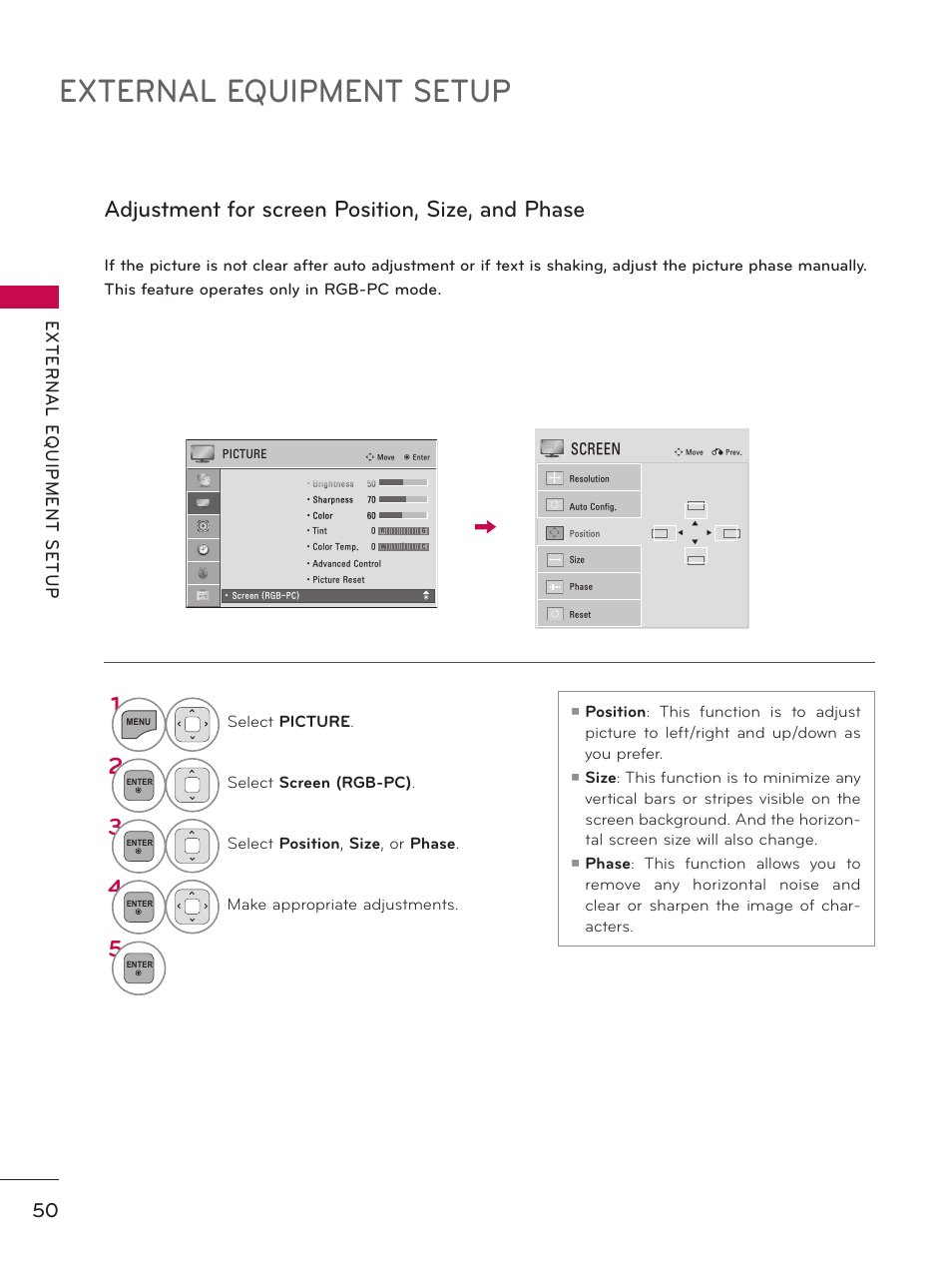 External equipment setup, Adjustment for screen position, size, and phase 1 | LG 37LD450 User Manual | Page 50 / 172