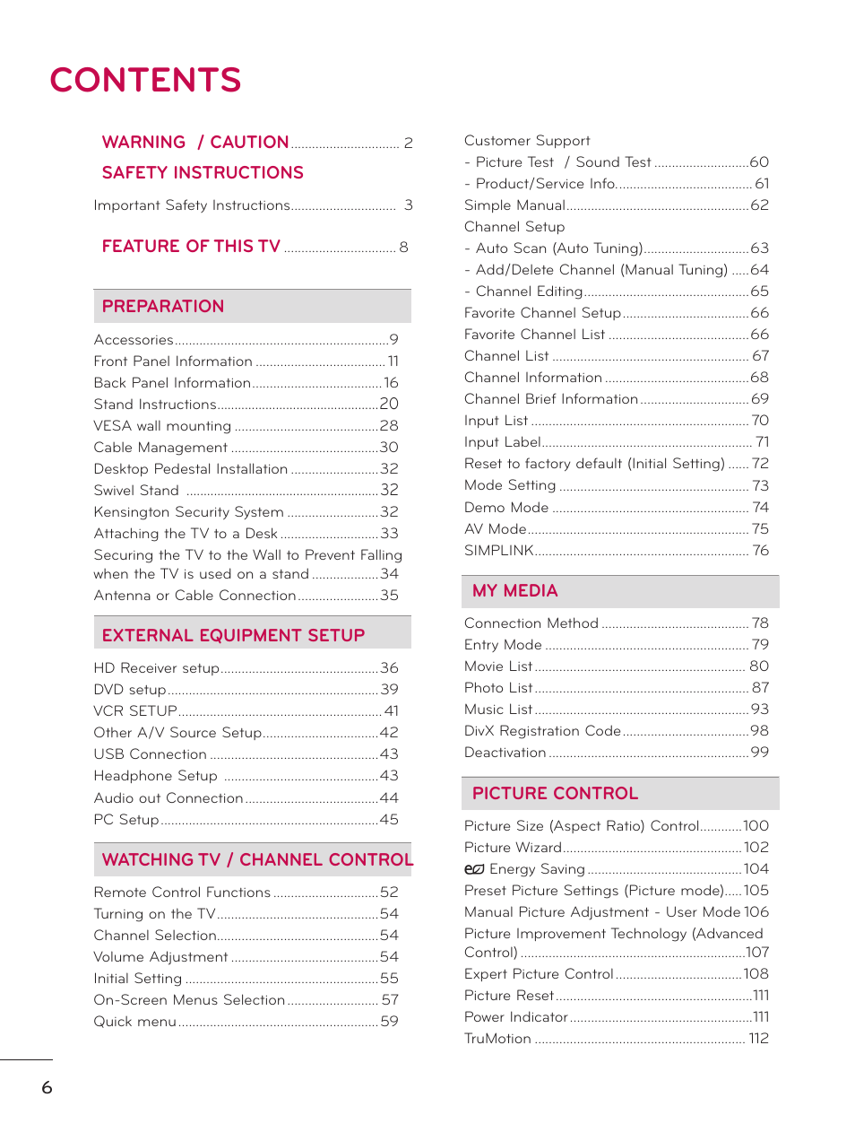 LG 37LD450 User Manual | Page 6 / 172