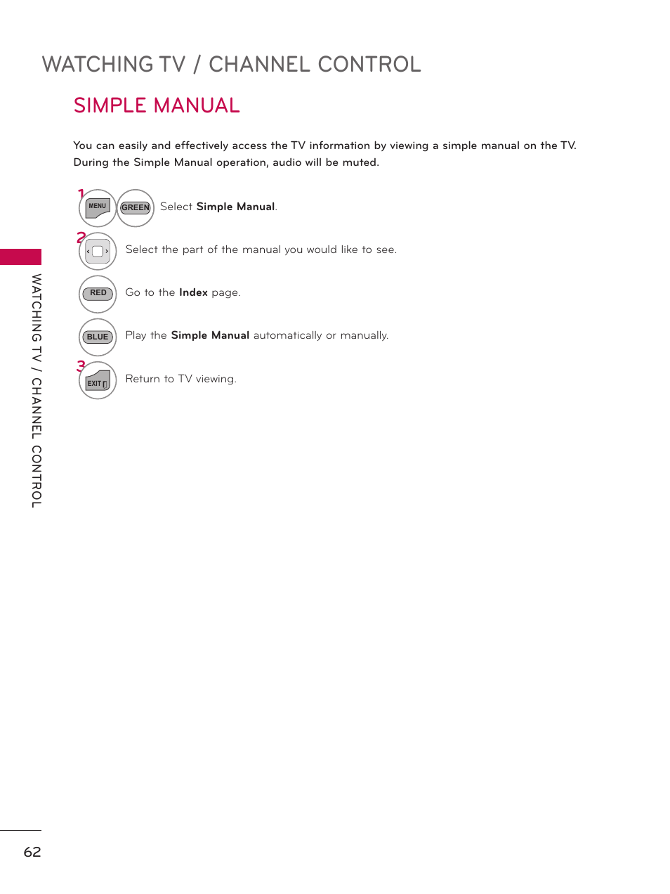 Watching tv / channel control, Simple manual | LG 37LD450 User Manual | Page 62 / 172