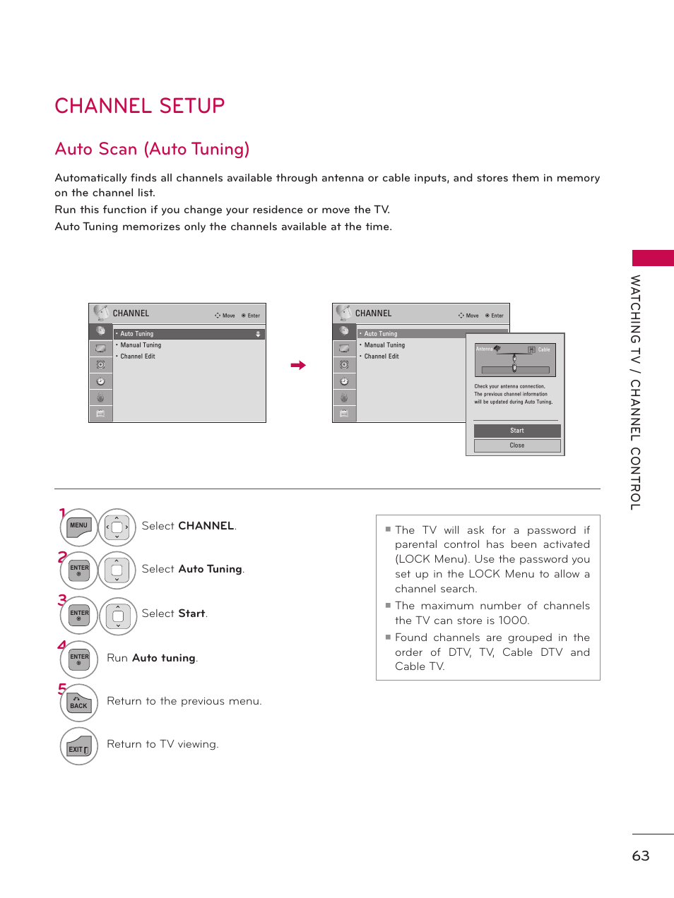 Channel setup, Auto scan (auto tuning) | LG 37LD450 User Manual | Page 63 / 172